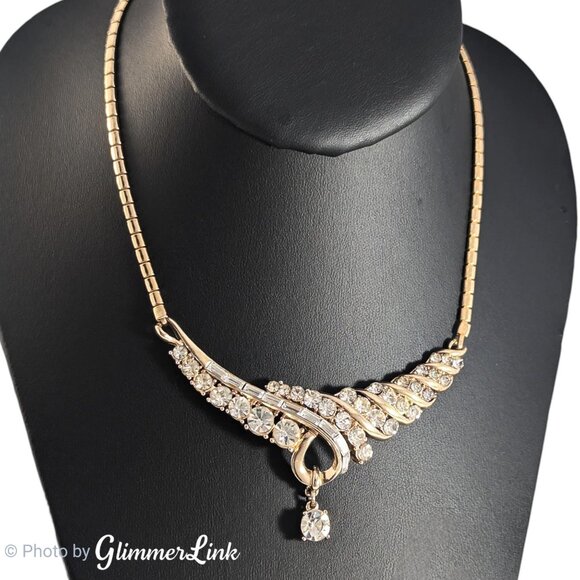 Vintage Coro Rhinestone Choker Necklace – Gold Tone Adjustable Collar 1950s - Picture 1 of 10